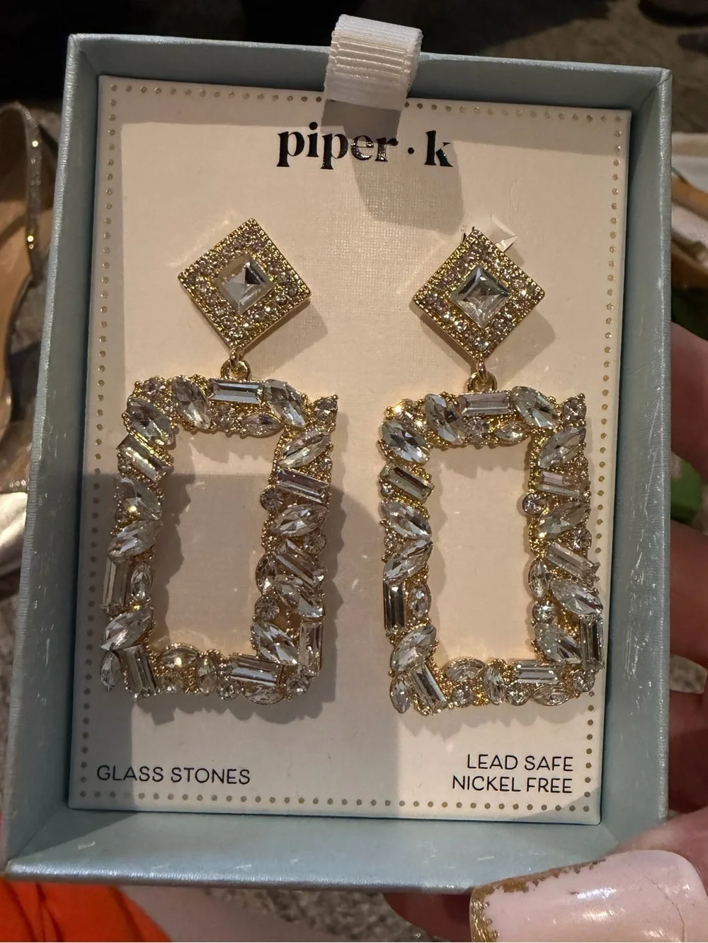 Piper K Square Crystal Drop Oversized Earrings NWT Gold Tone